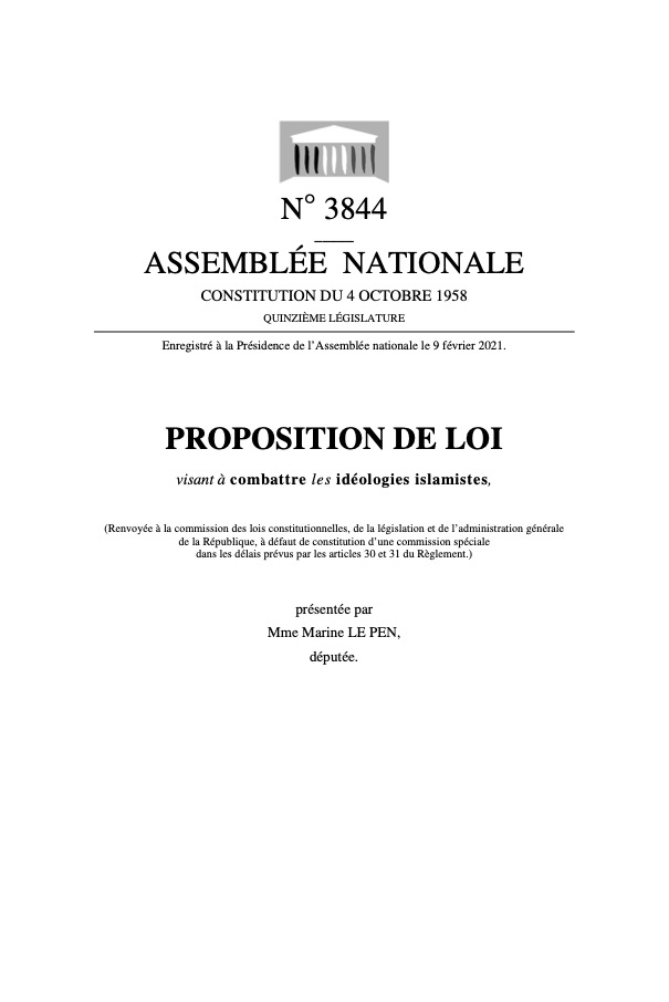 Proposition de loi visant à combattre les idéologies islamistes